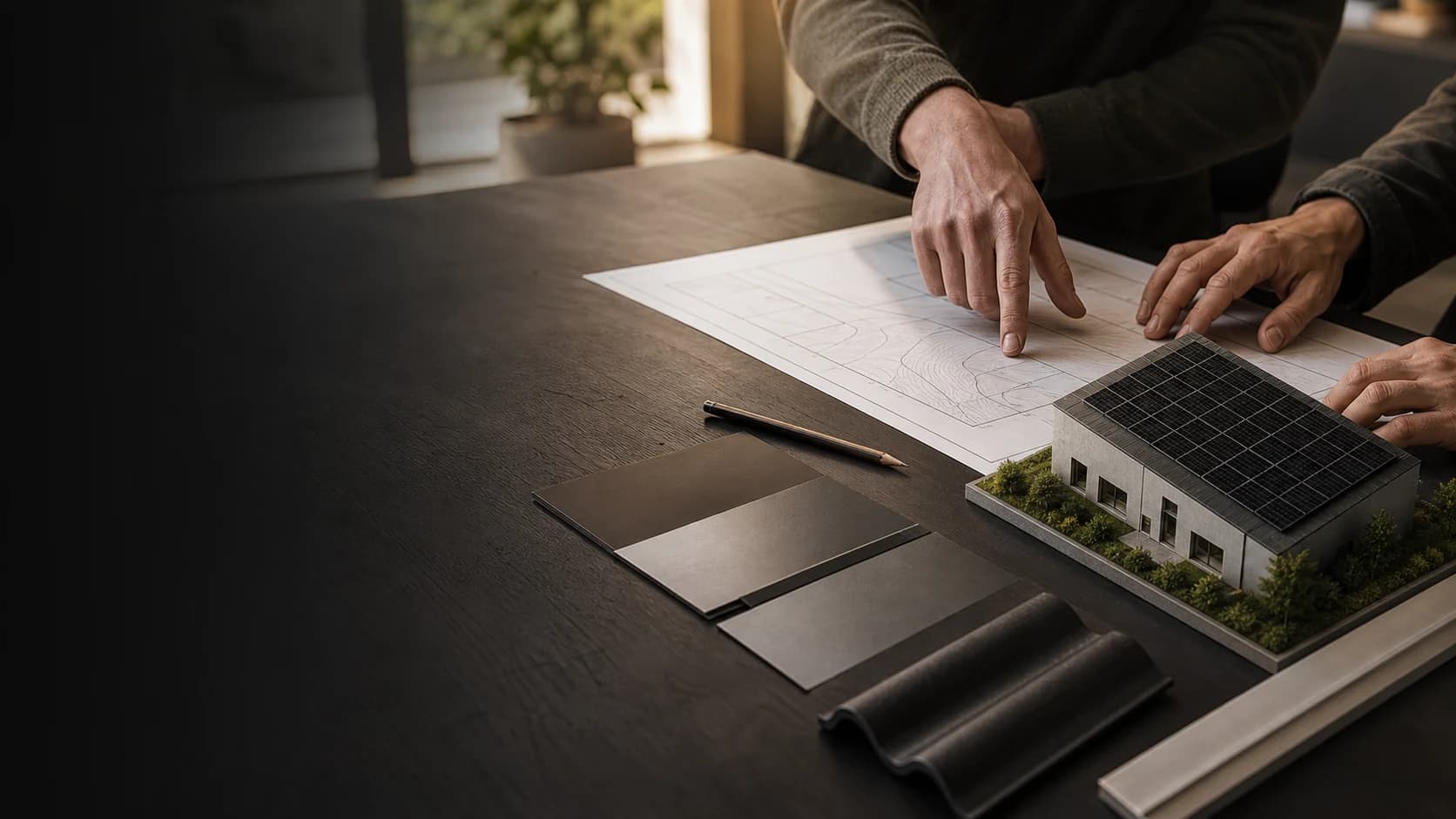Fachliche Beratung zu Solarmodulen und Dachplanung an einem Gebäudemodell