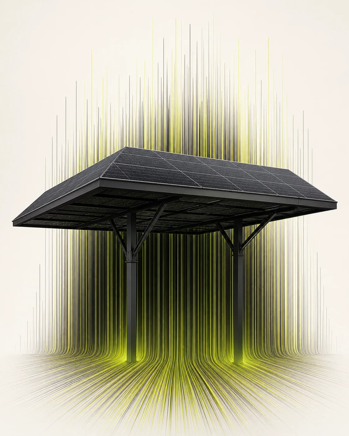 Photovoltaik-Überdachung, umgeben von dichten limefarbenen und graphitfarbenen Energieflüssen