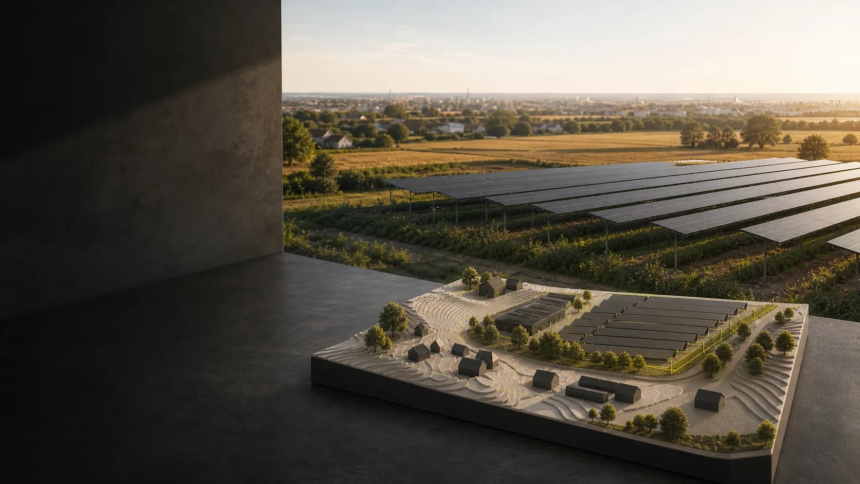 Planungsmodell eines Solarprojekts vor einer realen Photovoltaikfläche