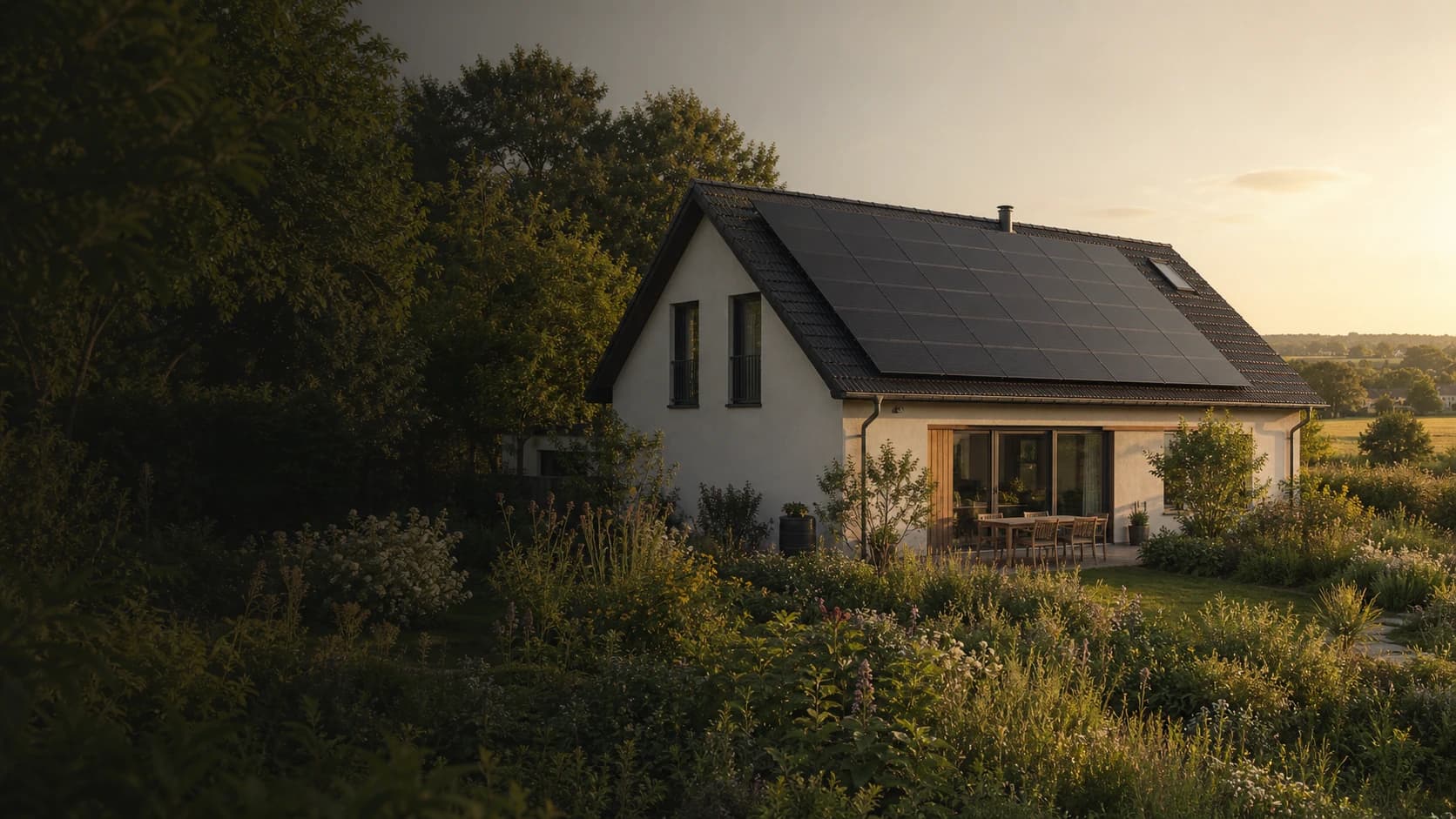 Modernes Einfamilienhaus mit integrierter Photovoltaikanlage und naturnahem Garten im Abendlicht