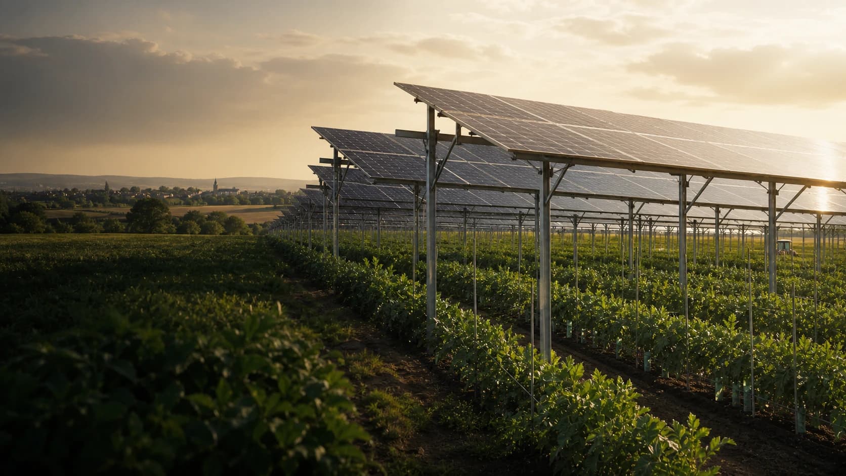 Agrivoltaikanlage über bewirtschafteten Feldern in einer ländlichen Landschaft bei Halle