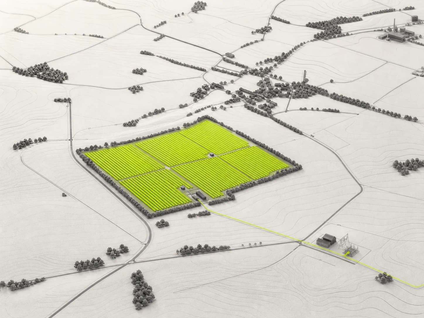 Topografisches Standortmodell mit limegrün markierter Solarfläche nahe Halle (Saale)