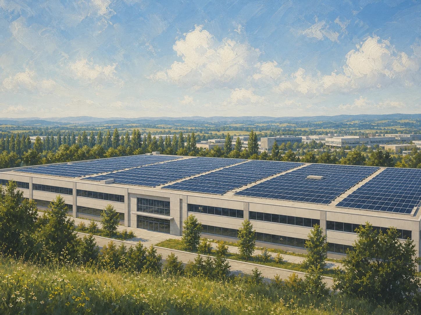Gemaltes Gewerbegebäude mit einer großflächigen Photovoltaikanlage auf dem Flachdach