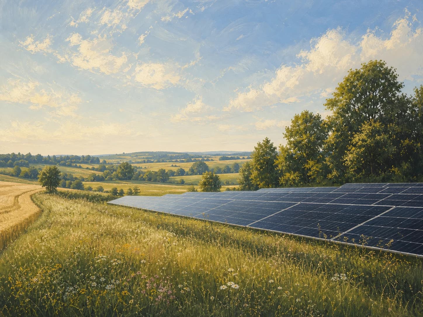 Gemalte Photovoltaikanlage am Rand einer offenen Feldlandschaft