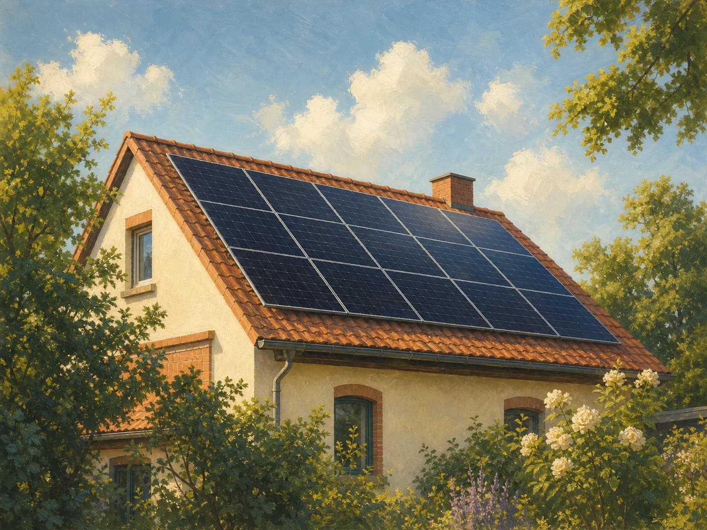Gemaltes Wohnhaus mit Photovoltaikmodulen auf dem Ziegeldach